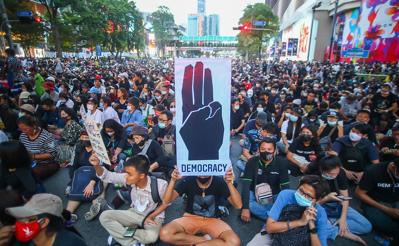 Pro democracy protestors demonstrating in Thailand