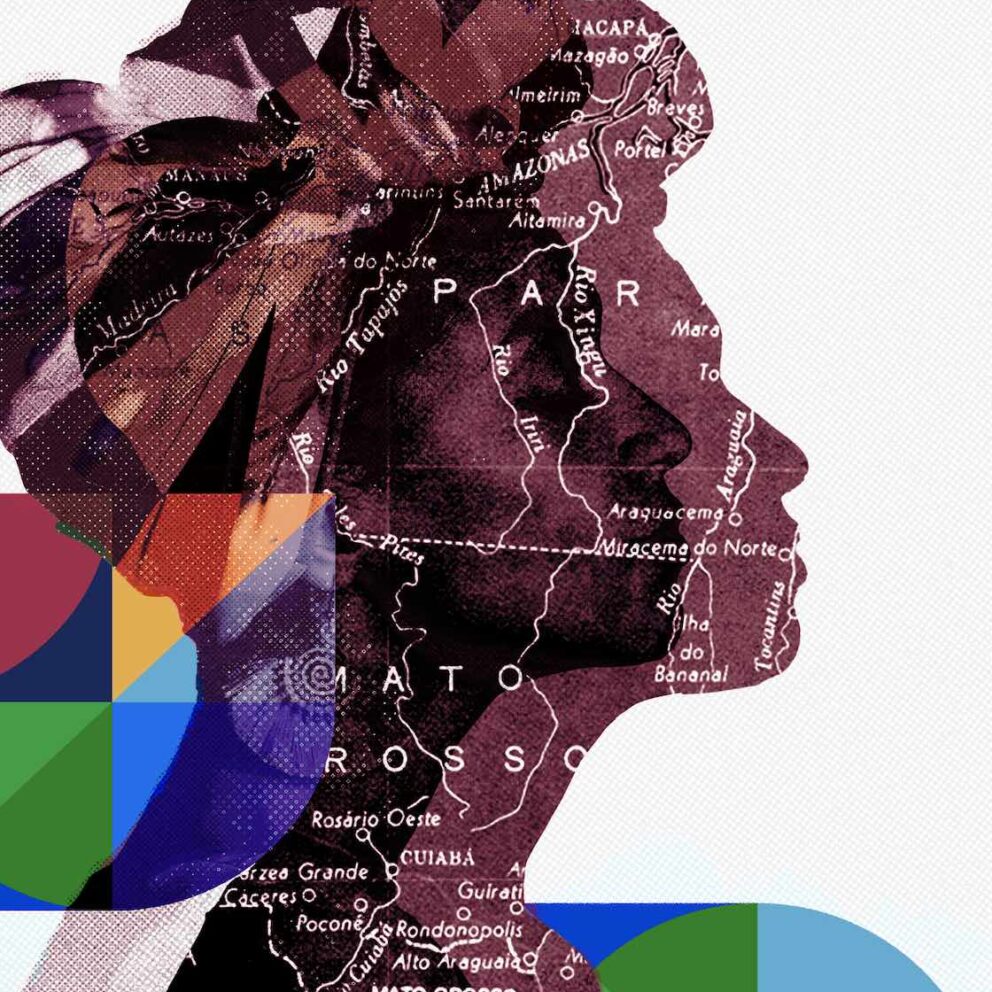 A mixed-media image from the Equally Safe project. Featuring a side profile photo of a woman with her eyes closed, with an overlapping graphic of a map of a region in Brazil