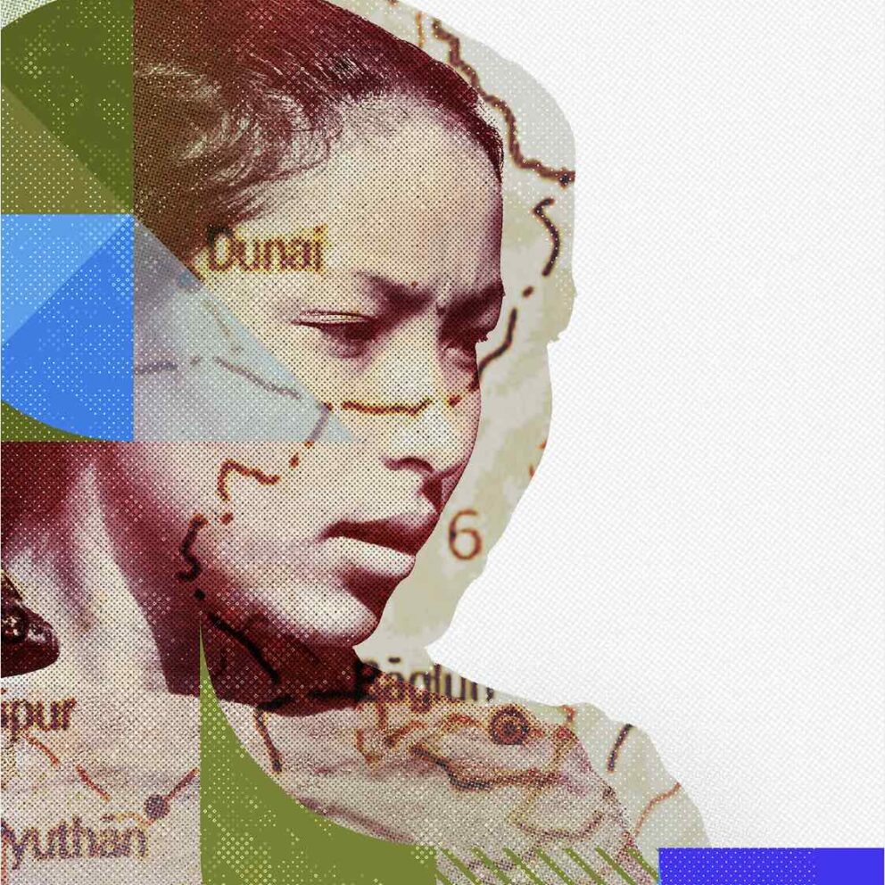 A mixed-media image from the Equally Safe project. Featuring a woman looking downwards, with an overlapping graphic of a map of a region in Nepal