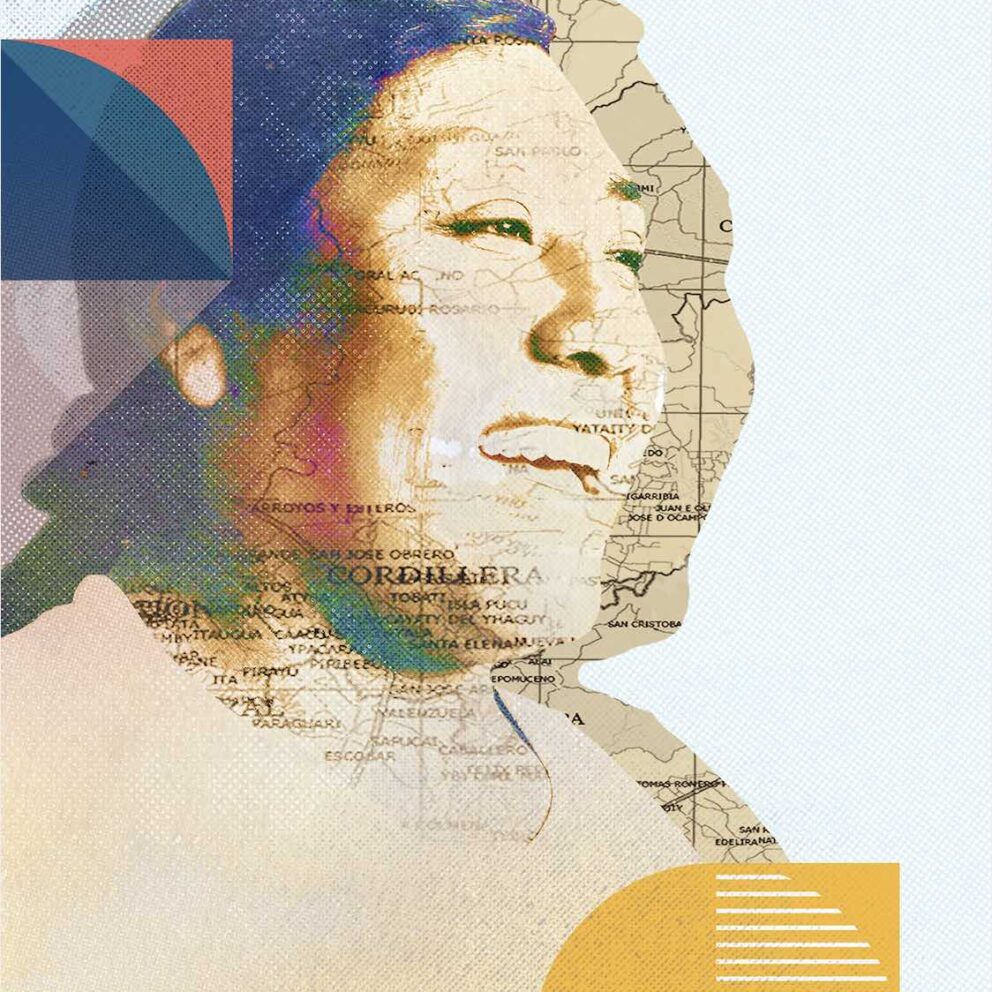 A mixed-media image from the Equally Safe project. Featuring a woman laughing, with an overlapping graphic of a map of a region in Paraguay