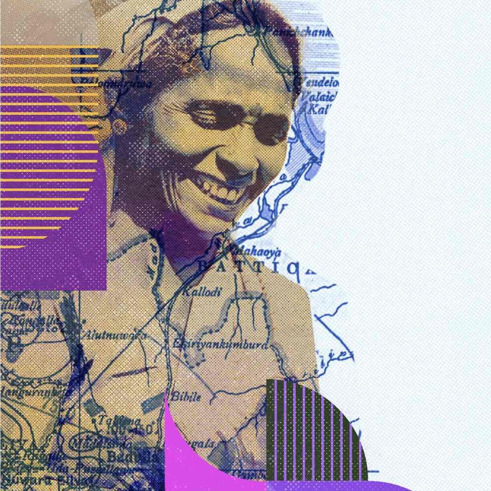 A mixed-media image from the Equally Safe project. Featuring a woman smiling, with an overlapping graphic of a map of a region in Sri Lanka