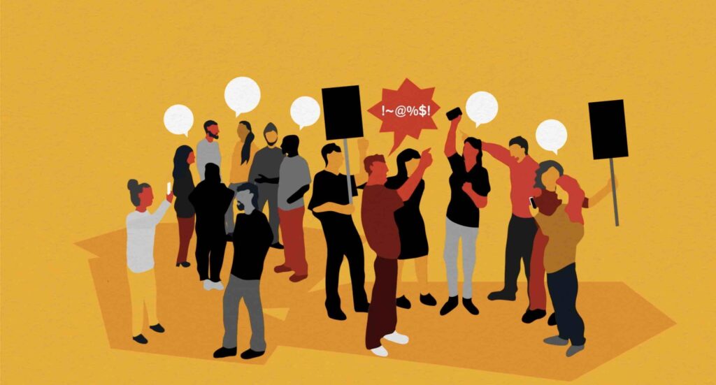 An illustration of people in crowds interacting with each other. Some holding placards, some with speech bubbles above their heads and others holding their phones.
