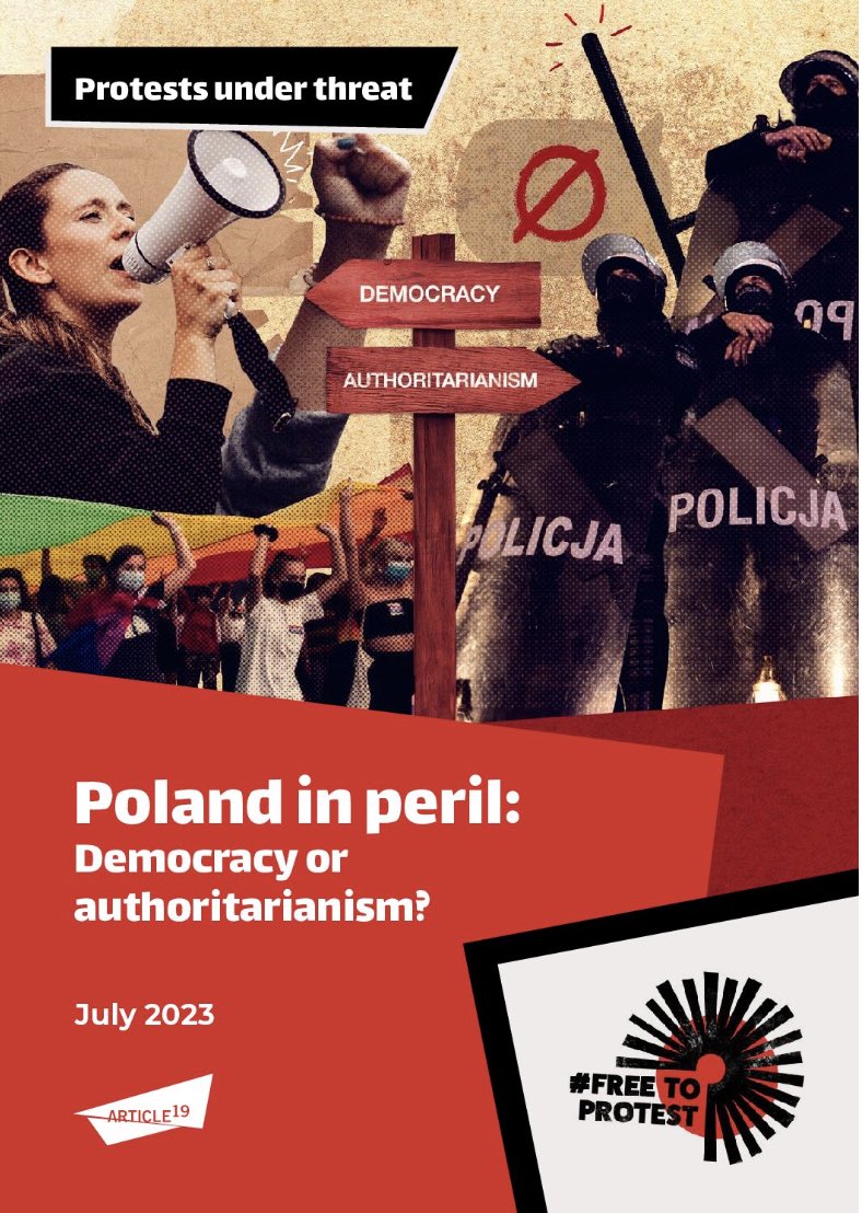 Cover image of Poland Free to Protest report - a collage with of protestor with a megaphone, marchers holding a pride flag over their heads, riot police in gear and a sign pointing 'democracy' in one direction and 'authoritarianism' in the opposite direction